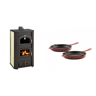 Set Kaminofen, Holzofen Wasserführend Prity mit Backfach, Modell FG W20, Leistung 23.8kW + Gusseisen Topf Set aus 2 teilen Solagio, Rubin - Kaminofen - Holzofen mit Backfach