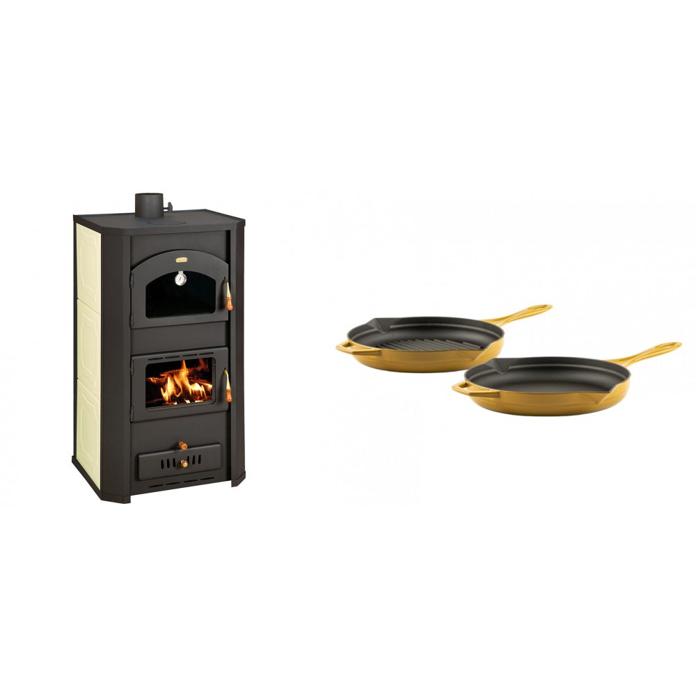 Set Kaminofen, Holzofen Wasserführend Prity mit Backfach, Modell FG W20, Leistung 23.8kW + Gusseisen Topf Set aus 2 teilen Solagio, Dijon