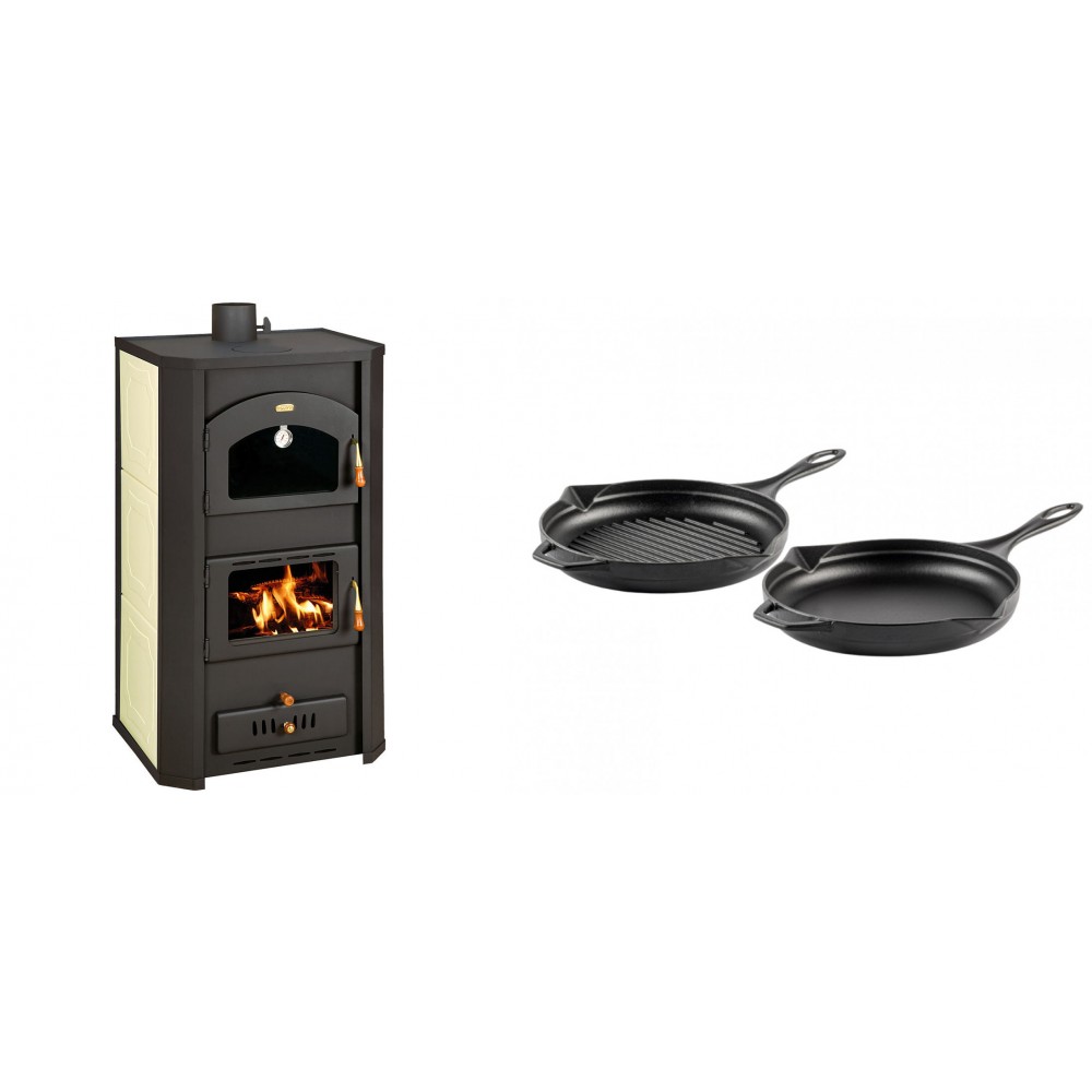 Set Kaminofen, Holzofen Wasserführend Prity mit Backfach, Modell FG W20, Leistung 23.8kW + Gusseisen Topf Set aus 2 teilen Solagio, Black Onyx | Wasserführender Kaminofen | Kaminofen |