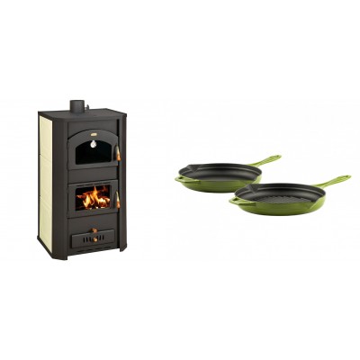 Set Kaminofen, Holzofen Wasserführend Prity mit Backfach, Modell FG W20, Leistung 23.8kW + Gusseisen Topf Set aus 2 teilen Solagio, Bamboo - Kaminofen - Holzofen mit Backfach