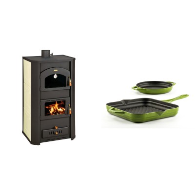 Set Kaminofen, Holzofen Wasserführend Prity mit Backfach, Modell FG W20, Leistung 23.8kW + Gusseisen Topf Set aus 2 teilen Solagio, Bamboo - Kaminofen - Holzofen mit Backfach