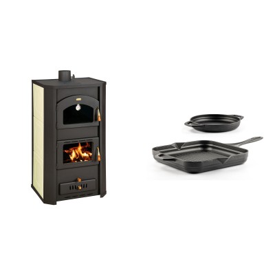 Set Kaminofen, Holzofen Wasserführend Prity mit Backfach, Modell FG W20, Leistung 23.8kW + Gusseisen Topf Set aus 2 teilen Solagio, Black Onyx - Kaminofen - Holzofen mit Backfach