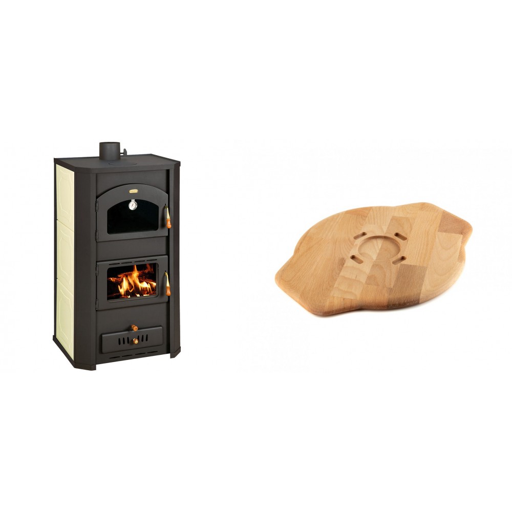 Set Kaminofen, Holzofen Wasserführend Prity mit Backfach, Modell FG W20, Leistung 23.8kW + Holz untersetzer für Gusseisenplatte Solagio HSYSAK28 | Wasserführender Kaminofen | Kaminofen |