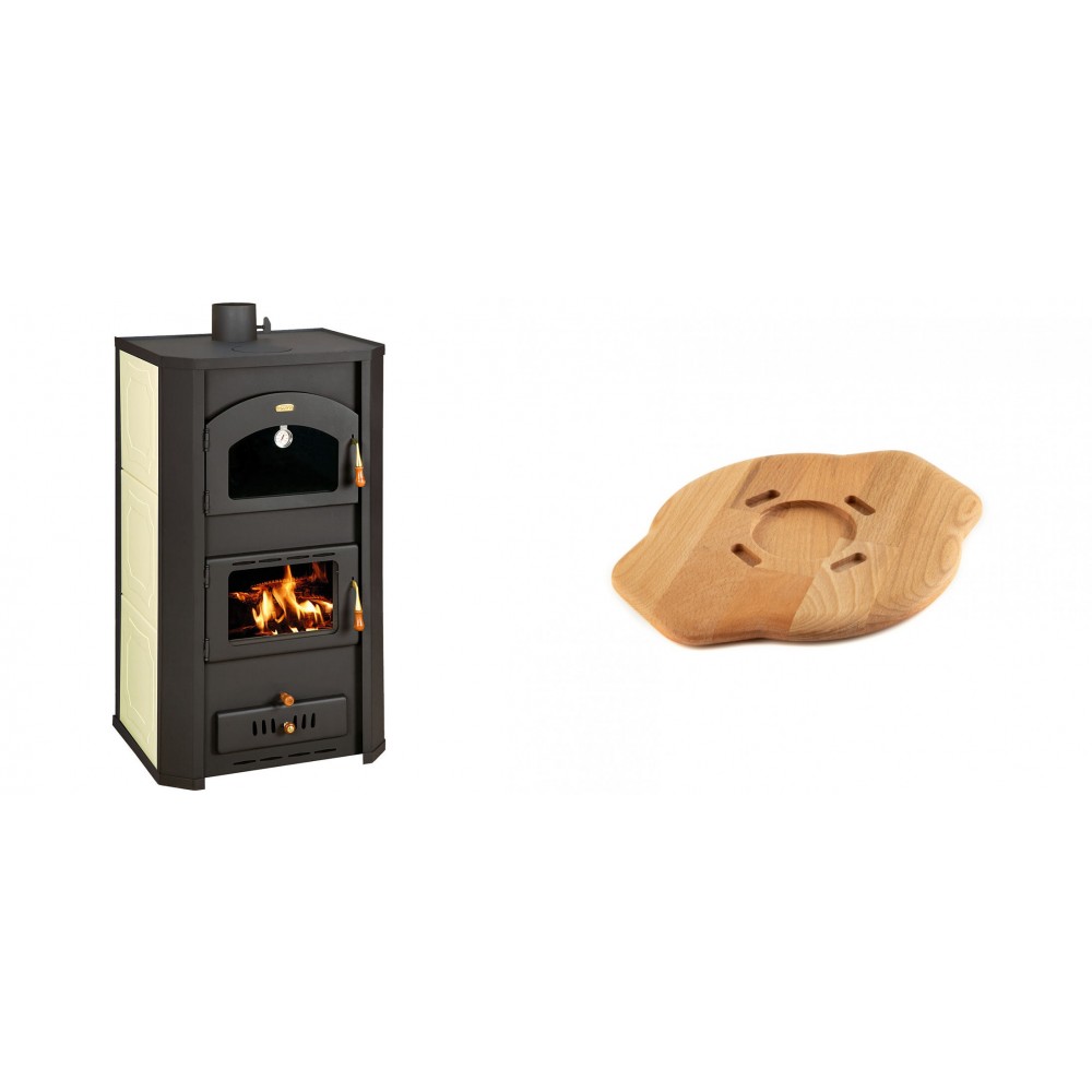 Set Kaminofen, Holzofen Wasserführend Prity mit Backfach, Modell FG W20, Leistung 23.8kW + Holz untersetzer für gusseisenplatte Solagio HSYSAK20