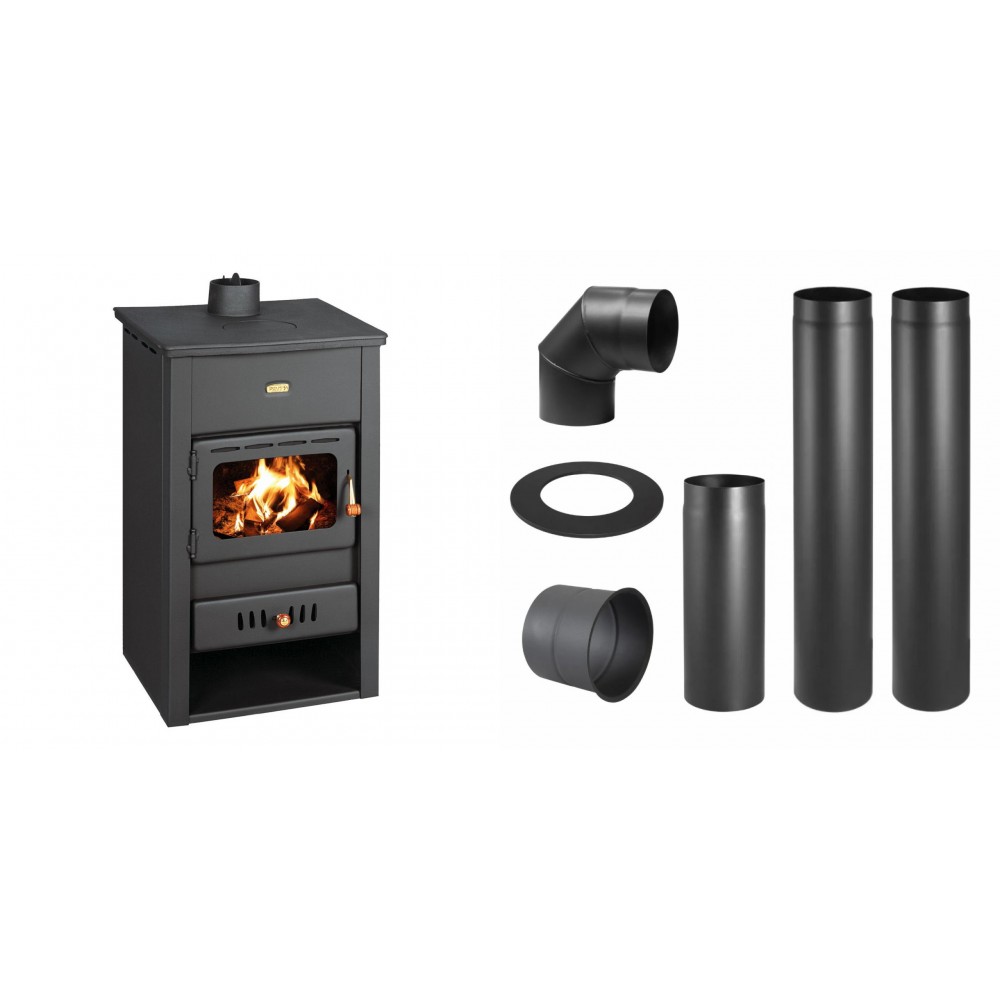 Set Kaminofen, Holzofen Wasserführend Prity, Modell K2 CP W10, Obere Platte aus Gusseisen, Leistung 13.3kW + Schornstein Bausatz PARKANEX, Stahl Ø130, Dicke 2mm | Wasserführender Kaminofen | Kaminofen |