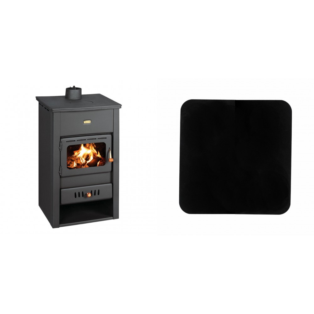 Set Kaminofen, Holzofen Wasserführend Prity, Modell K2 CP W10, Obere Platte aus Gusseisen, Leistung 13.3kW + Funkenschutzplatte Stahl 2mm, Größe 98x98cm