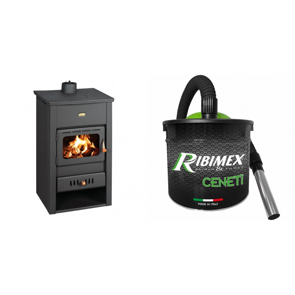Set Kaminofen, Holzofen Wasserführend Prity, Modell K2 CP W10, Obere Platte aus Gusseisen, Leistung 13.3kW + Elektrischer Aschesauger Ribimex, Modell Cenetì, Fassungsvermögen 15 L