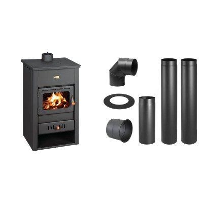 Set Kaminofen, Holzofen Prity, Modell K2 CP, Obere Platte aus Gusseisen, Leistung 10.4kW + Schornstein Bausatz PARKANEX, Stahl Ø130, Dicke 2mm - Prity