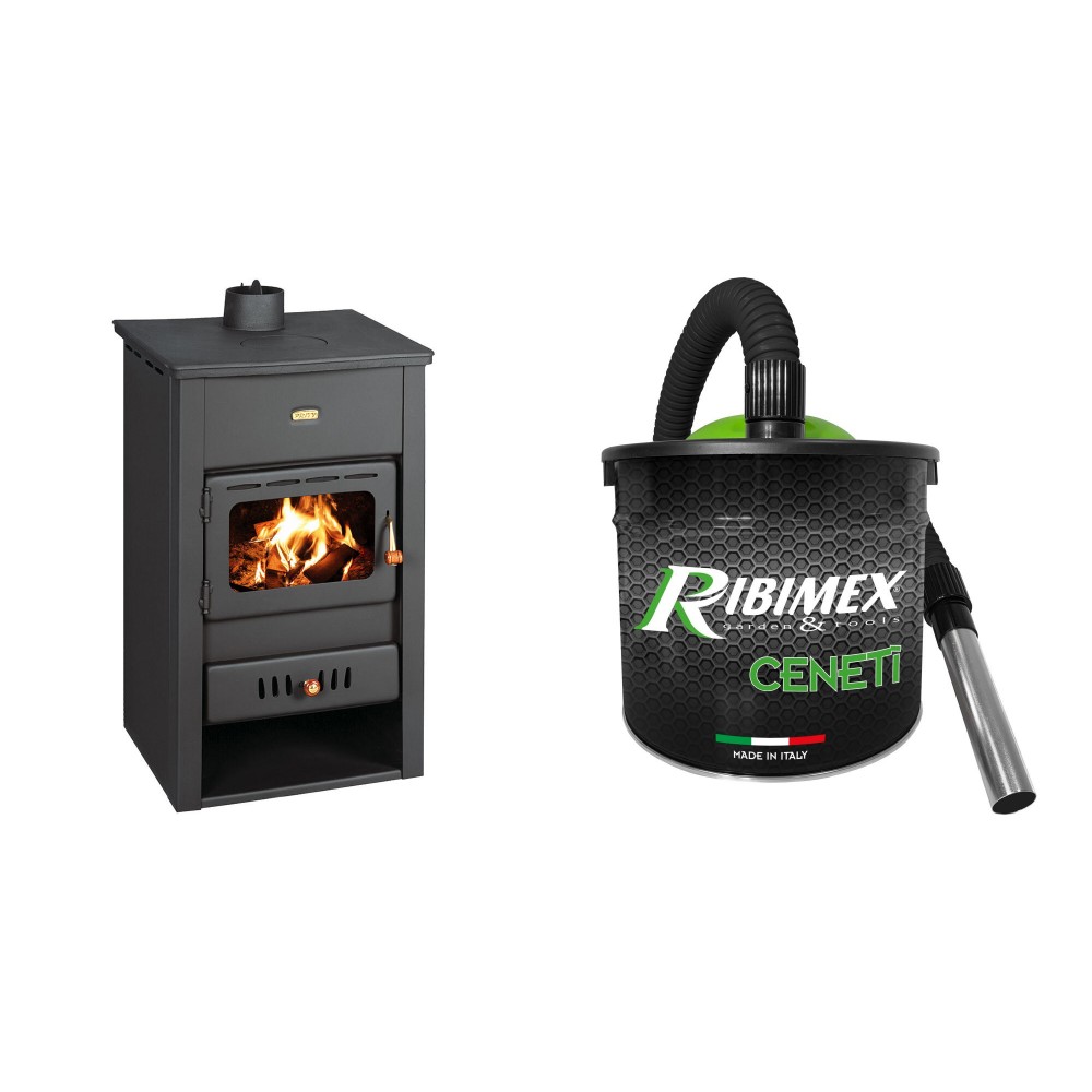 Set Kaminofen, Holzofen Prity, Modell K2 CP, Obere Platte aus Gusseisen, Leistung 10.4kW + Elektrischer Aschesauger Ribimex, Modell Cenetì, Fassungsvermögen 15 L | Kaminofen Prity | Kaminofen |