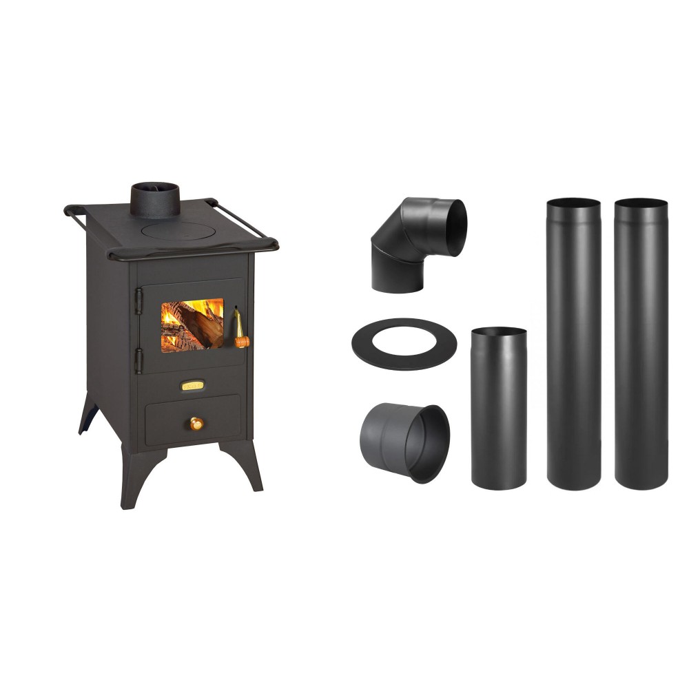 Set Kaminofen, Holzofen Prity, Modell Mini, Leistung 5.2kW, Füße + Schornstein Bausatz PARKANEX, Stahl Ø130, Dicke 2mm