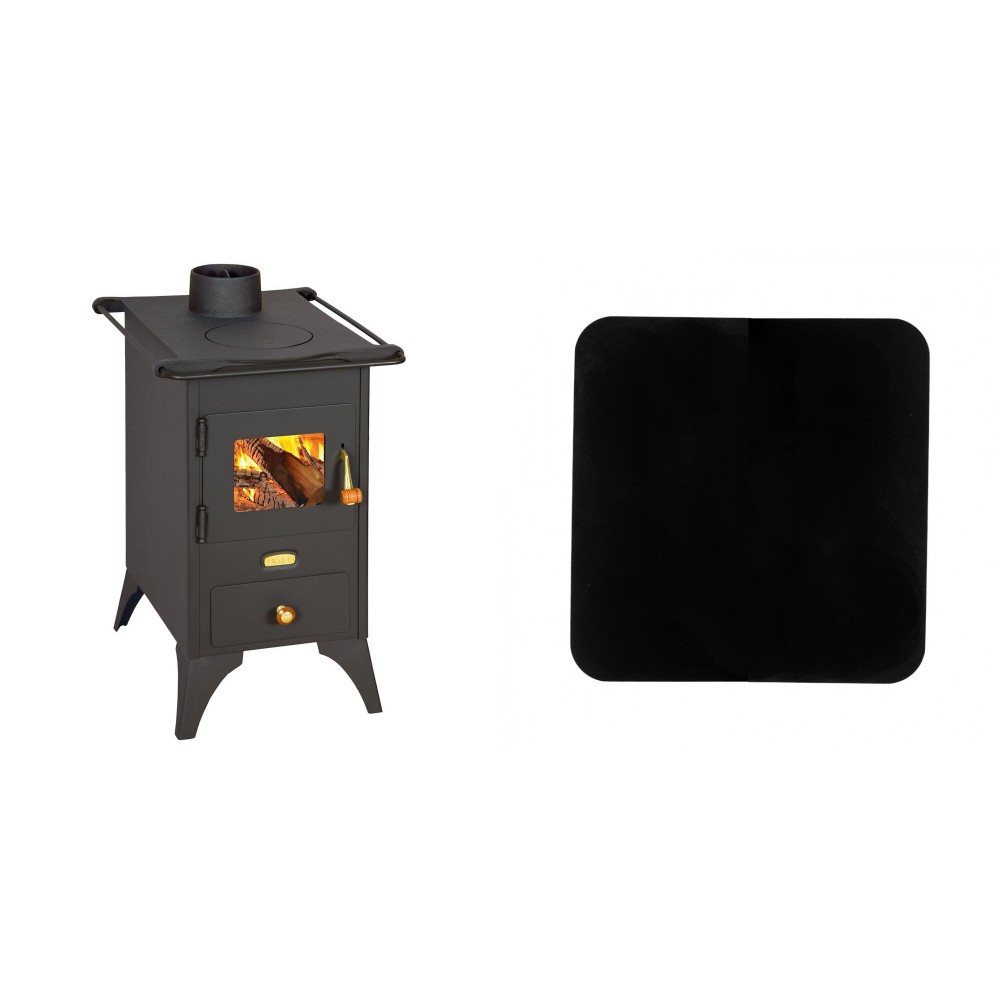 Set Kaminofen, Holzofen Prity, Modell Mini, Leistung 5.2kW, Füße + Funkenschutzplatte Stahl 2mm, Größe 98x98cm