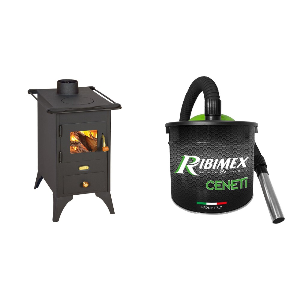 Set Kaminofen, Holzofen Prity, Modell Mini, Leistung 5.2kW, Füße + Elektrischer Aschesauger Ribimex, Modell Cenetì, Fassungsvermögen 15 L | Holzofen | Kaminofen |