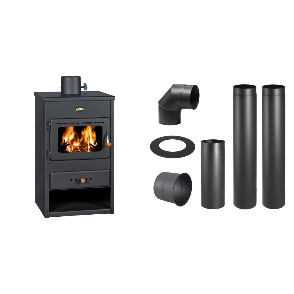 Set Kaminofen, Holzofen Prity, Modell K1, Leistung 9.5 kW + Schornstein Bausatz PARKANEX, Stahl Ø130, Dicke 2mm
