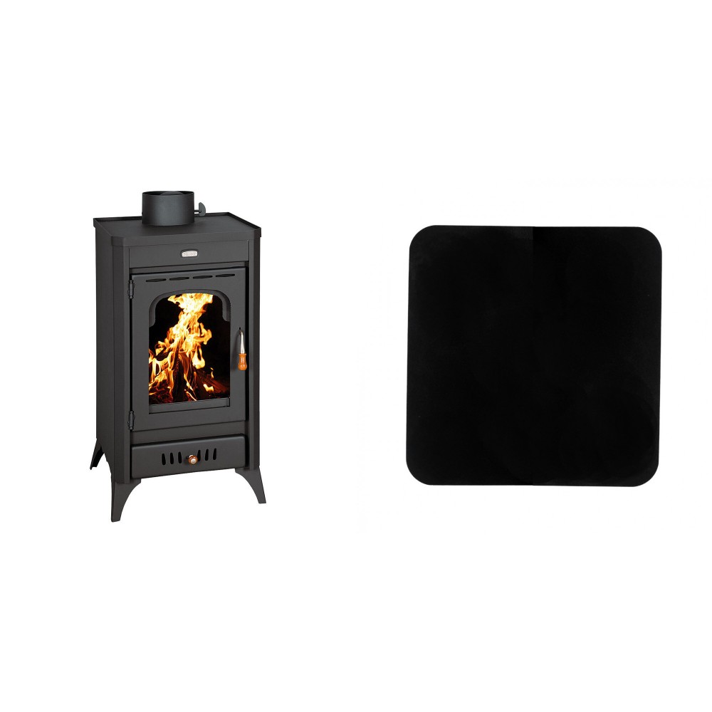 Set Kaminofen, Holzofen Prity, Modell SR, Leistung 11.4kW, Beine + Funkenschutzplatte Stahl 2mm, Größe 98x98cm