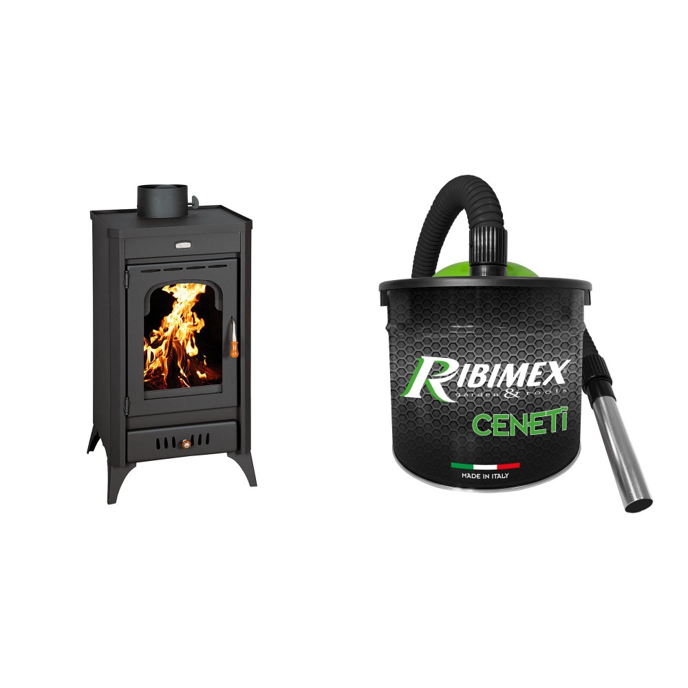 Set Kaminofen, Holzofen Prity, Modell SR, Leistung 11.4kW, Beine + Elektrischer Aschesauger Ribimex, Modell Cenetì, Fassungsvermögen 15 L | Holzofen | Kaminofen |