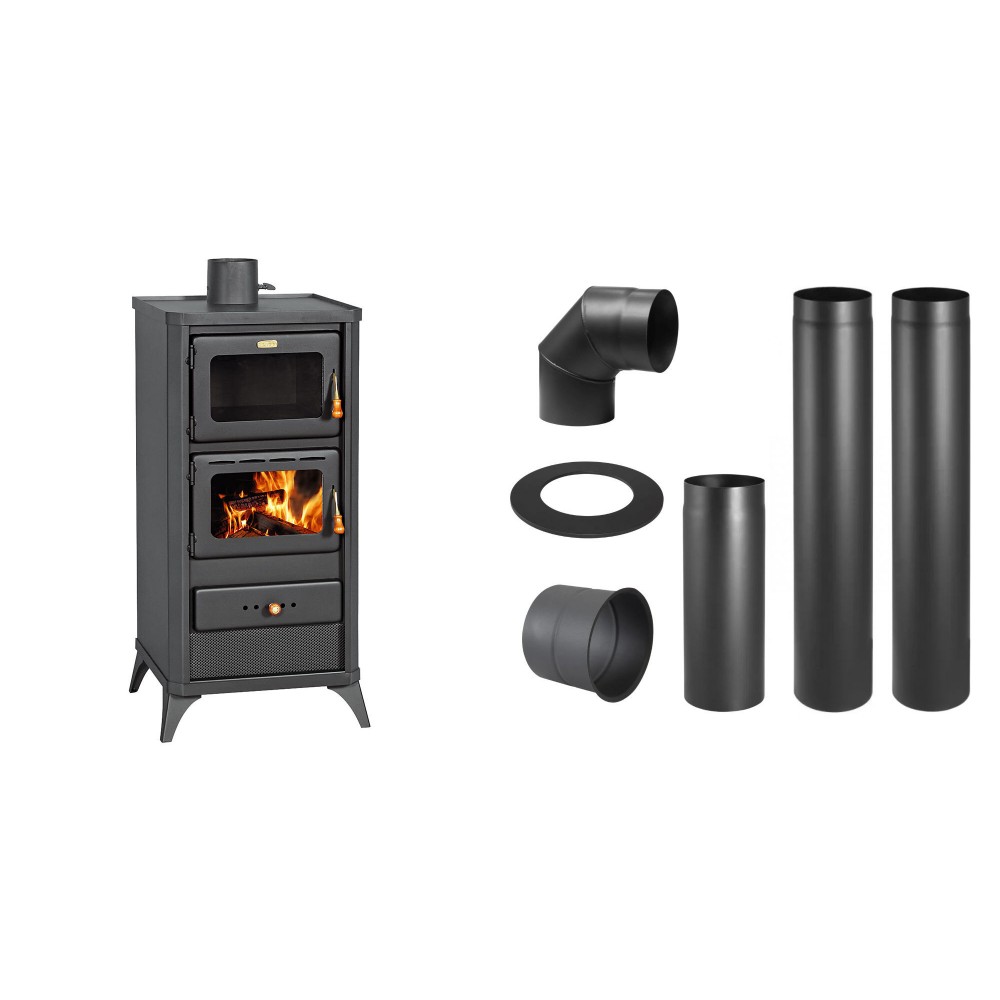 Set Kaminofen, Holzofen mit Backfach Prity, Modell FM E, Leistung 12.1kW, Füße + Schornstein Bausatz PARKANEX, Stahl Ø130, Dicke 2mm