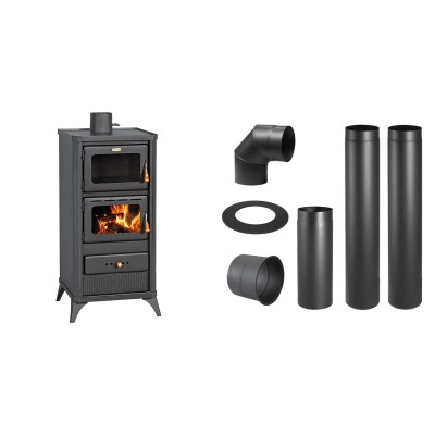 Set Kaminofen, Holzofen mit Backfach Prity, Modell FM E, Leistung 12.1kW, Füße + Schornstein Bausatz PARKANEX, Stahl Ø130, Dicke 2mm - Kaminofen - Holzofen mit Backfach