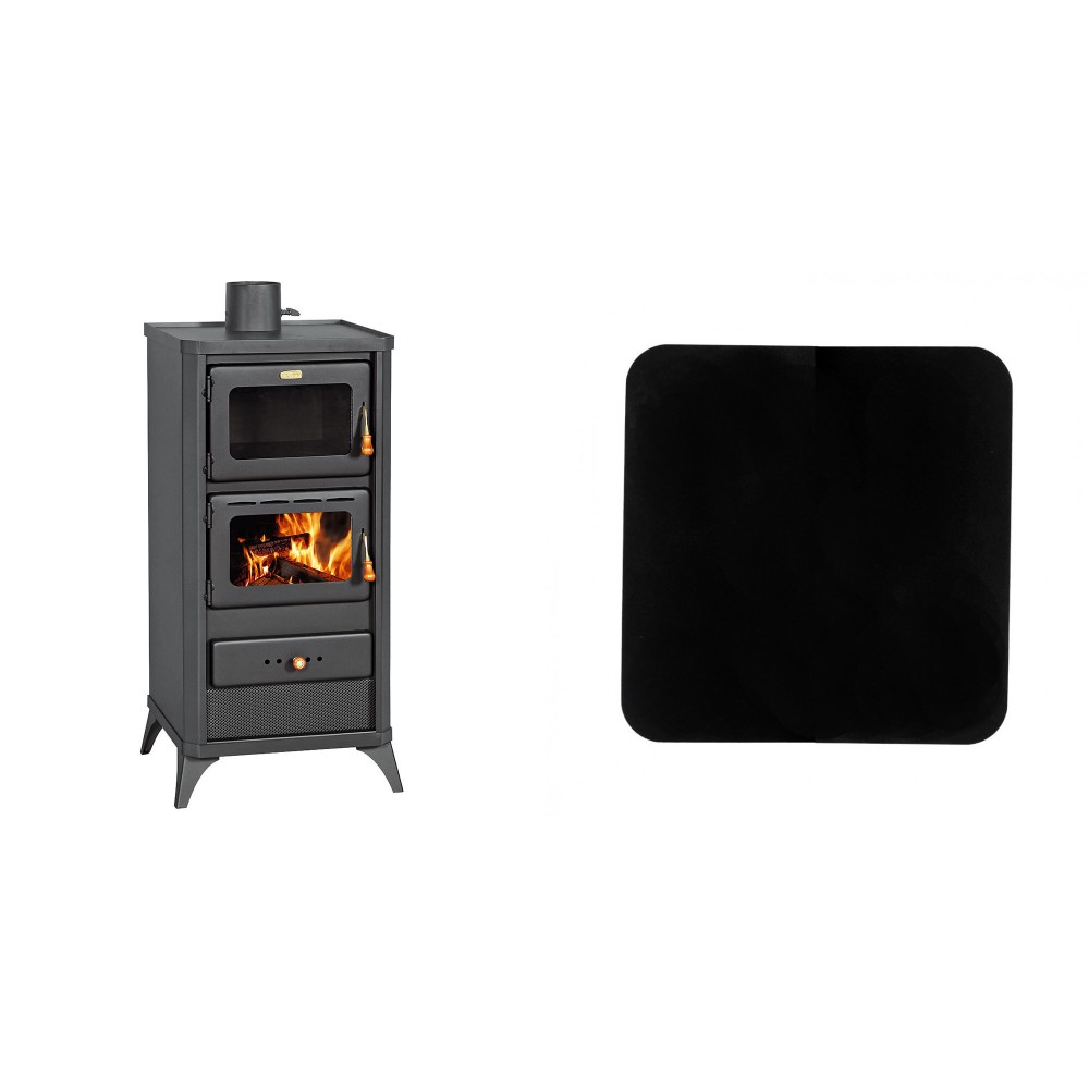 Set Kaminofen, Holzofen mit Backfach Prity, Modell FM E, Leistung 12.1kW, Füße + Funkenschutzplatte Stahl 2mm, Größe 98x98cm | Kaminofen Prity | Prity |