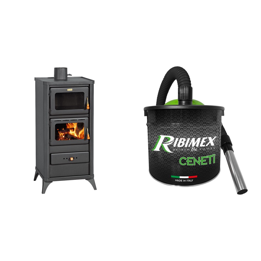 Set Kaminofen, Holzofen mit Backfach Prity, Modell FM E, Leistung 12.1kW, Füße + Elektrischer Aschesauger Ribimex, Modell Cenetì, Fassungsvermögen 15 L | Kaminofen Prity | Prity |