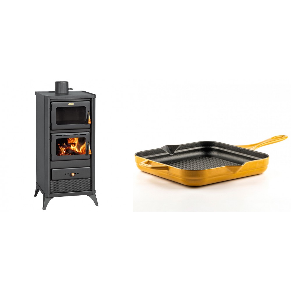 Set Kaminofen, Holzofen mit Backfach Prity, Modell FM E, Leistung 12.1kW, Füße + Emaillierte grillpfanne Gusseisen Solagio, Dijon, 28х28cm | Holzofen | Kaminofen |