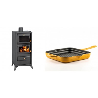 Set Kaminofen, Holzofen mit Backfach Prity, Modell FM E, Leistung 12.1kW, Füße + Emaillierte grillpfanne Gusseisen Solagio, Dijon, 28х28cm - Kaminofen - Holzofen mit Backfach