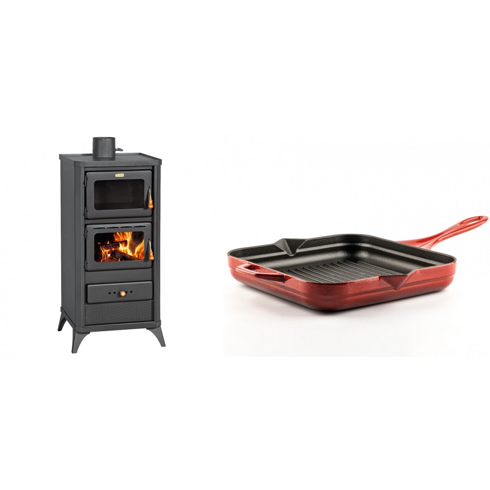 Set Kaminofen, Holzofen mit Backfach Prity, Modell FM E, Leistung 12.1kW, Füße + Emaillierte grillpfanne Gusseisen Solagio, Rubin, 28x28cm