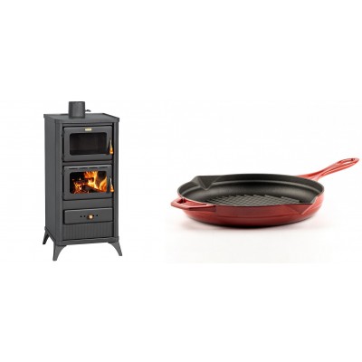 Set Kaminofen, Holzofen mit Backfach Prity, Modell FM E, Leistung 12.1kW, Füße + Emaillierte grillpfanne Gusseisen Solagio, Rubin, Ф28cm - Kaminofen - Holzofen mit Backfach