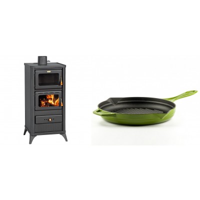 Set Kaminofen, Holzofen mit Backfach Prity, Modell FM E, Leistung 12.1kW, Füße + Emaillierte grillpfanne Gusseisen Solagio, Bamboo, Ф28cm - Kaminofen - Holzofen mit Backfach