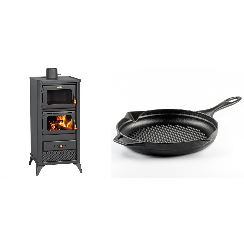 Set Kaminofen, Holzofen mit Backfach Prity, Modell FM E, Leistung 12.1kW, Füße + Emaillierte grillpfanne Gusseisen Solagio, Black Onyx, Ф28cm | Holzofen | Kaminofen |