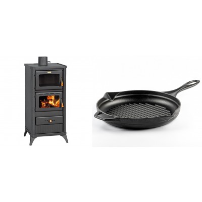 Set Kaminofen, Holzofen mit Backfach Prity, Modell FM E, Leistung 12.1kW, Füße + Emaillierte grillpfanne Gusseisen Solagio, Black Onyx, Ф28cm - Kaminofen - Holzofen mit Backfach