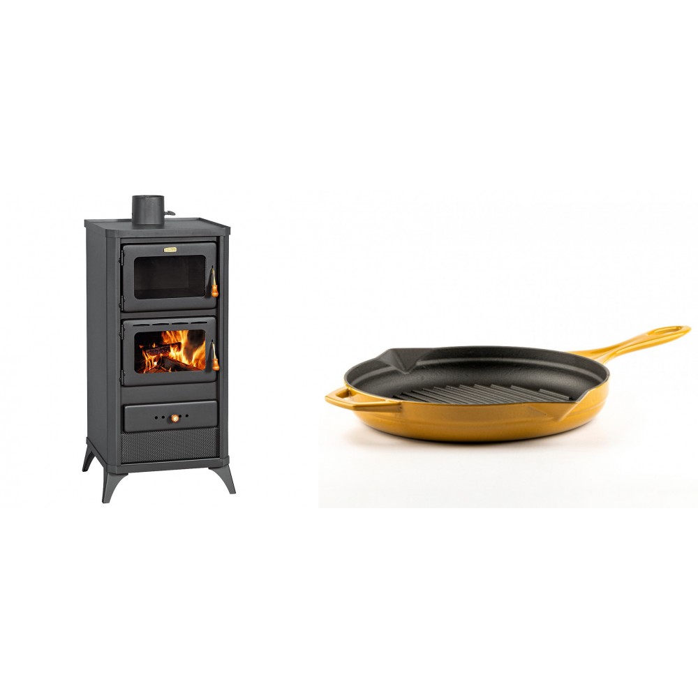 Set Kaminofen, Holzofen mit Backfach Prity, Modell FM E, Leistung 12.1kW, Füße + Emaillierte grillpfanne Gusseisen Solagio, Dijon, Ф28cm