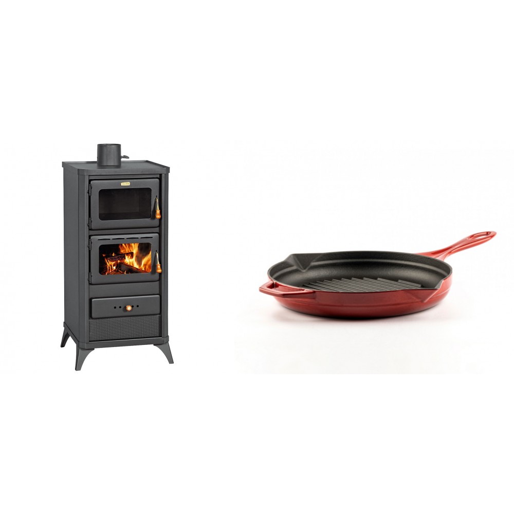 Set Kaminofen, Holzofen mit Backfach Prity, Modell FM E, Leistung 12.1kW, Füße + Emaillierte grillpfanne Gusseisen Solagio, Rubin, Ф24cm