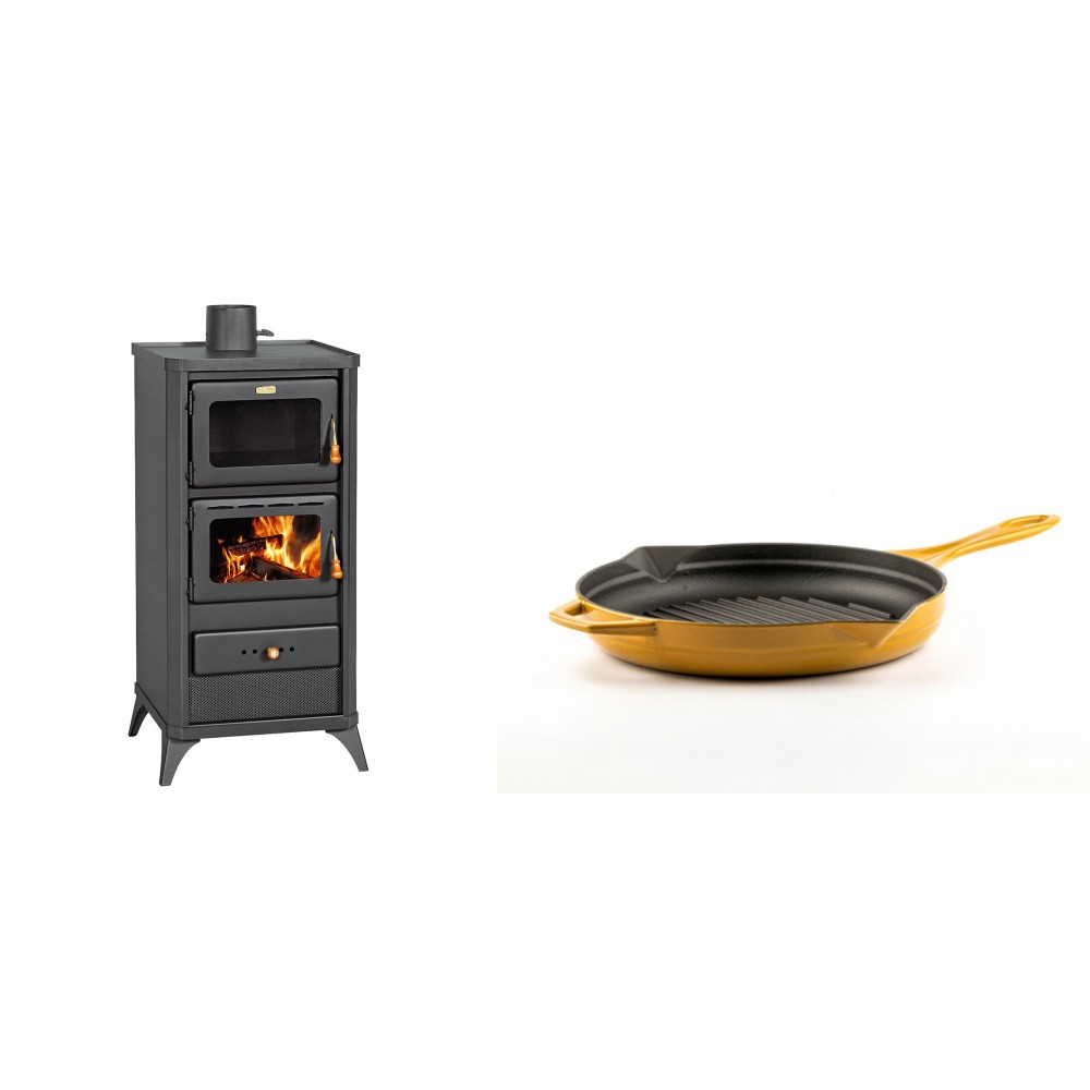 Set Kaminofen, Holzofen mit Backfach Prity, Modell FM E, Leistung 12.1kW, Füße + Emaillierte grillpfanne Gusseisen Solagio, Dijon, Ф24cm