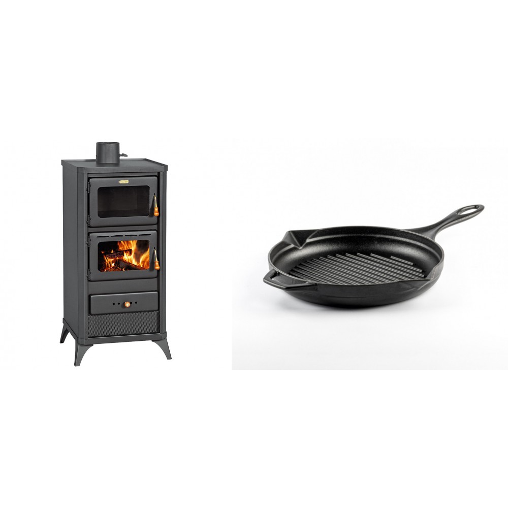 Set Kaminofen, Holzofen mit Backfach Prity, Modell FM E, Leistung 12.1kW, Füße + Emaillierte grillpfanne Gusseisen Solagio, Black Onyx, Ф24cm | Holzofen | Kaminofen |