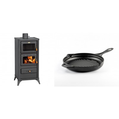 Set Kaminofen, Holzofen mit Backfach Prity, Modell FM E, Leistung 12.1kW, Füße + Emaillierte grillpfanne Gusseisen Solagio, Black Onyx, Ф24cm - Kaminofen - Holzofen mit Backfach