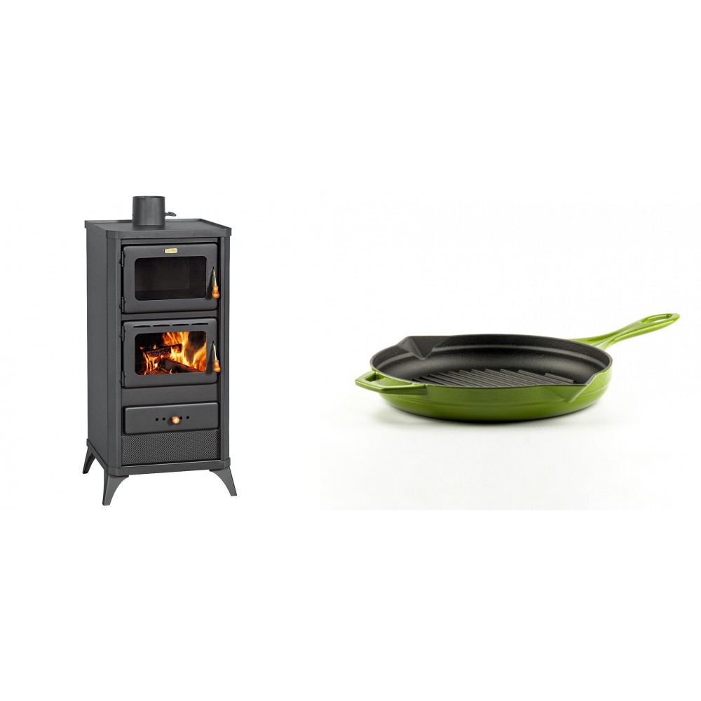 Set Kaminofen, Holzofen mit Backfach Prity, Modell FM E, Leistung 12.1kW, Füße + Emaillierte grillpfanne Gusseisen Solagio, Bamboo, Ф24cm