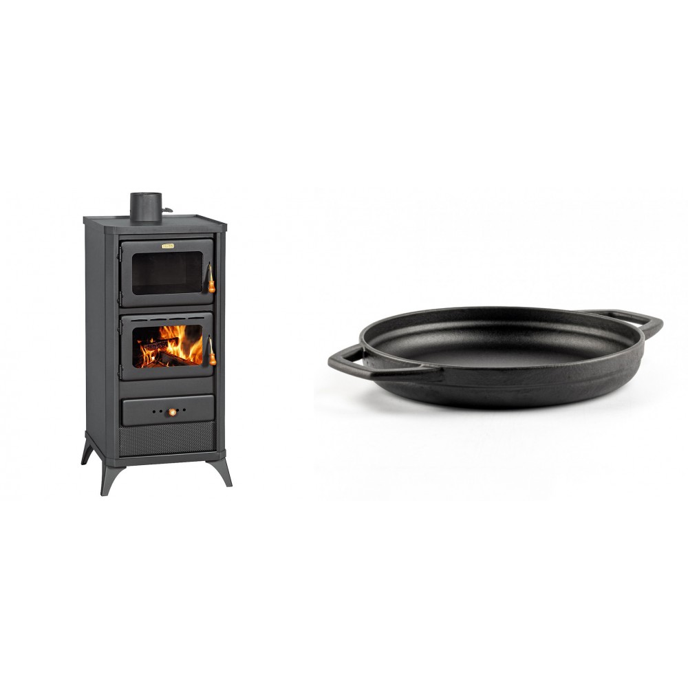 Set Kaminofen, Holzofen mit Backfach Prity, Modell FM E, Leistung 12.1kW, Füße + Emaillierte gusseisenpfanne mit zwei Griffen Solagio, Black Onyx, Ф22cm
