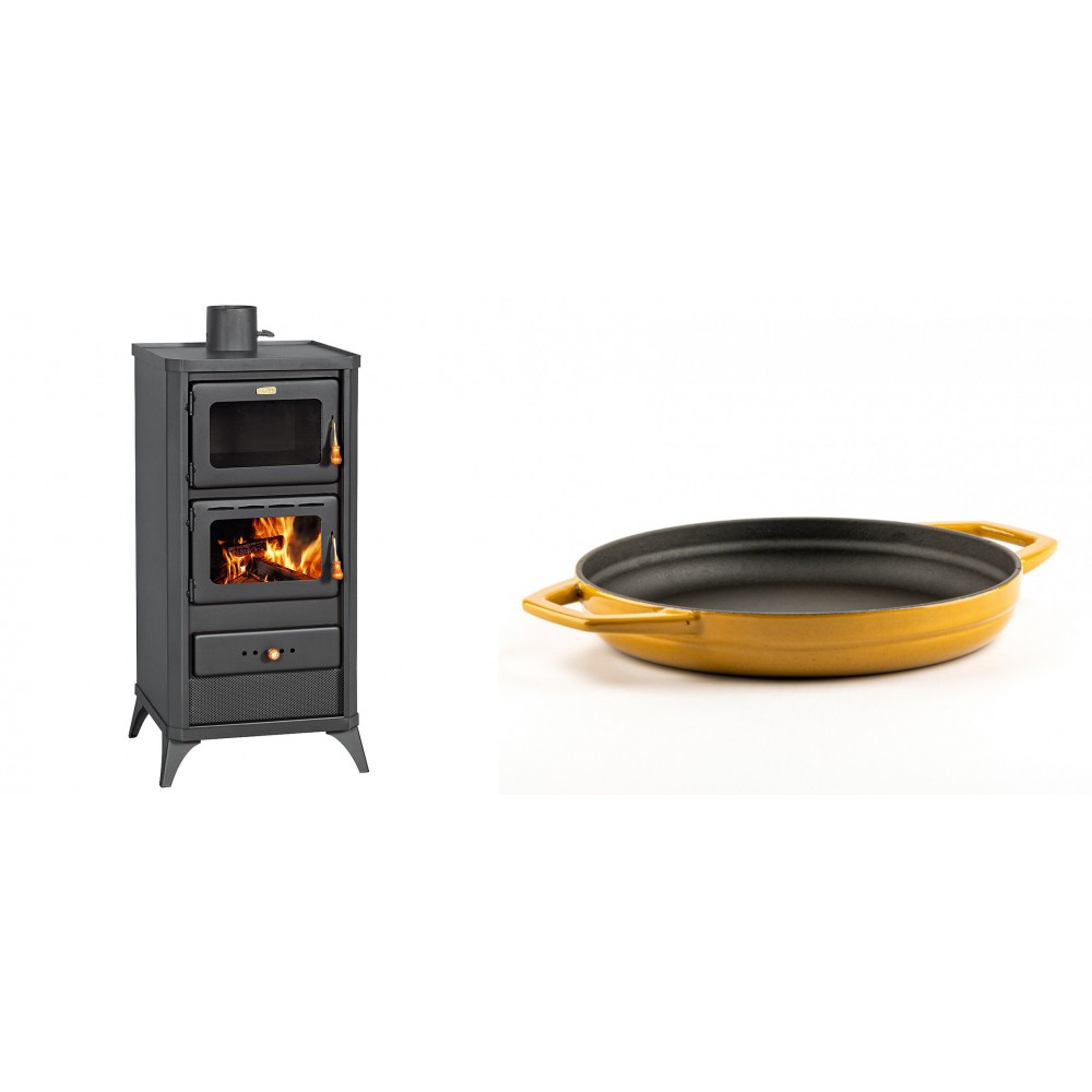 Set Kaminofen, Holzofen mit Backfach Prity, Modell FM E, Leistung 12.1kW, Füße + Emaillierte gusseisenpfanne mit zwei Griffen Solagio, Dijon, Ф22cm