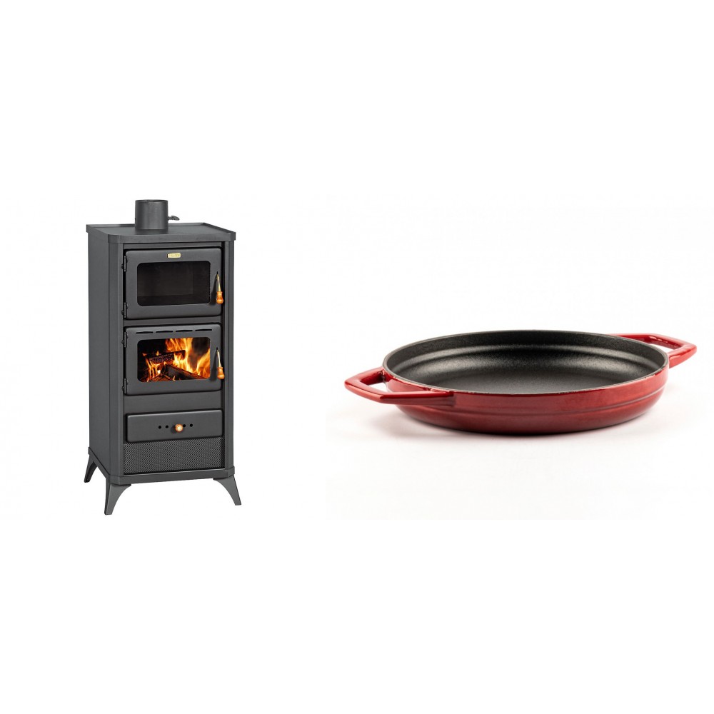 Set Kaminofen, Holzofen mit Backfach Prity, Modell FM E, Leistung 12.1kW, Füße + Emaillierte gusseisenpfanne mit zwei Griffen Solagio, Rubin, Ф22cm | Holzofen | Kaminofen |