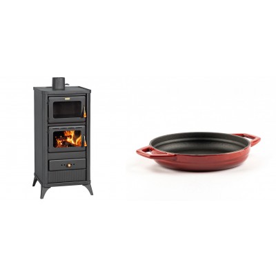Set Kaminofen, Holzofen mit Backfach Prity, Modell FM E, Leistung 12.1kW, Füße + Emaillierte gusseisenpfanne mit zwei Griffen Solagio, Rubin, Ф19cm - Kaminofen - Holzofen mit Backfach