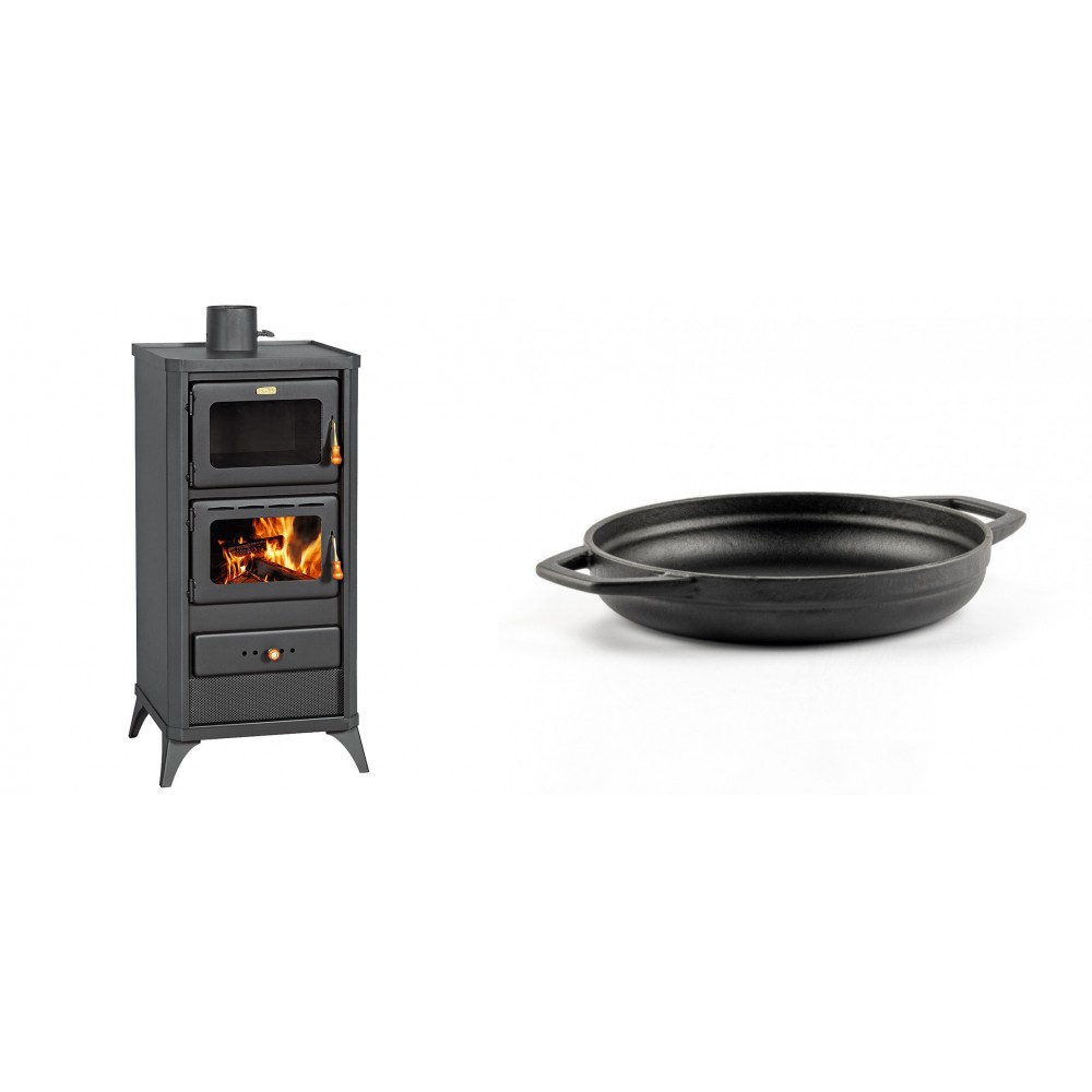 Set Kaminofen, Holzofen mit Backfach Prity, Modell FM E, Leistung 12.1kW, Füße + Emaillierte gusseisenpfanne mit zwei Griffen Solagio, Black Onyx, Ф19cm