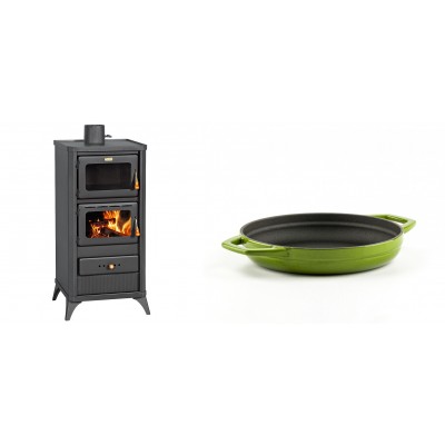 Set Kaminofen, Holzofen mit Backfach Prity, Modell FM E, Leistung 12.1kW, Füße + Emaillierte gusseisenpfanne mit zwei Griffen Solagio, Bamboo, Ф19cm - Kaminofen - Holzofen mit Backfach