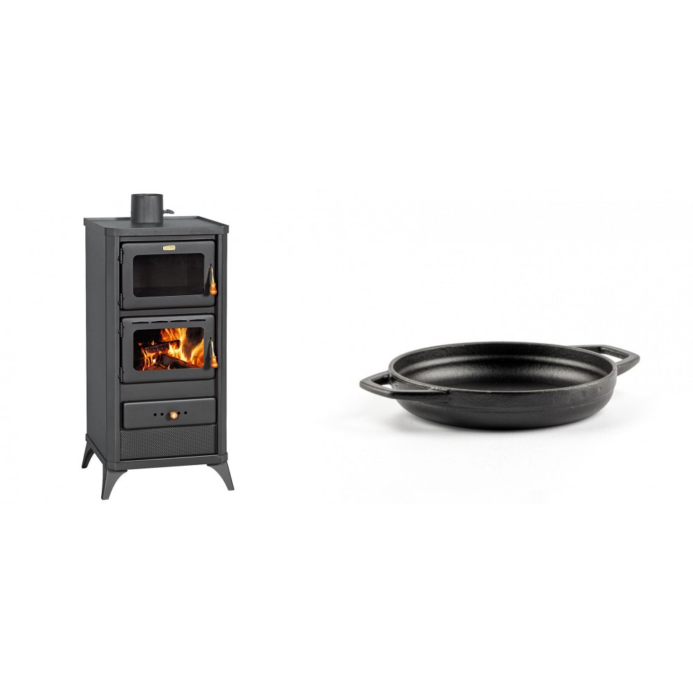 Set Kaminofen, Holzofen mit Backfach Prity, Modell FM E, Leistung 12.1kW, Füße + Emaillierte gusseisenpfanne mit zwei Griffen Solagio, Black Onyx, Ф16cm | Holzofen | Kaminofen |