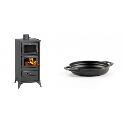 Set Kaminofen, Holzofen mit Backfach Prity, Modell FM E, Leistung 12.1kW, Füße + Emaillierte gusseisenpfanne mit zwei Griffen Solagio, Black Onyx, Ф16cm - Kaminofen - Holzofen mit Backfach