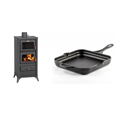 Set Kaminofen, Holzofen mit Backfach Prity, Modell FM E, Leistung 12.1kW, Füße + Emaillierte Gusseisenpfanne Solagio, Black Onyx, 28x28cm - Kaminofen - Holzofen mit Backfach