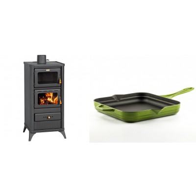 Set Kaminofen, Holzofen mit Backfach Prity, Modell FM E, Leistung 12.1kW, Füße + Emaillierte Gusseisenpfanne Solagio, Bamboo, 28x28cm - Kaminofen - Holzofen mit Backfach