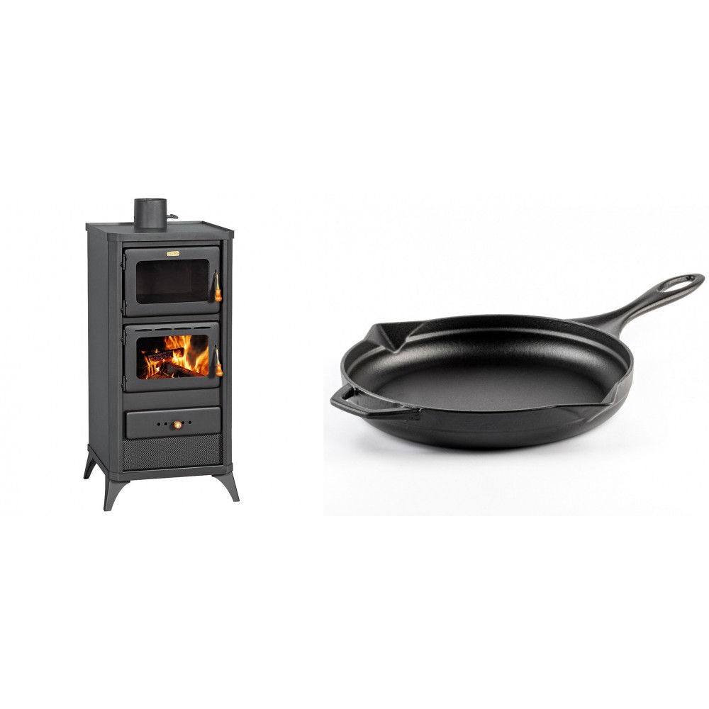 Set Kaminofen, Holzofen mit Backfach Prity, Modell FM E, Leistung 12.1kW, Füße + Emaillierte Gusseisenpfanne Solagio, Black Onyx, Ф28cm | Holzofen | Kaminofen |