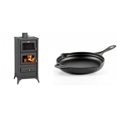 Set Kaminofen, Holzofen mit Backfach Prity, Modell FM E, Leistung 12.1kW, Füße + Emaillierte Gusseisenpfanne Solagio, Black Onyx, Ф28cm - Kaminofen - Holzofen mit Backfach