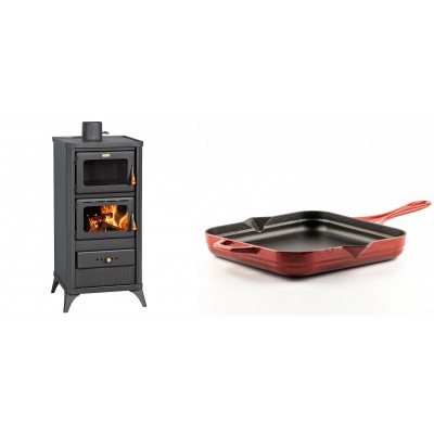 Set Kaminofen, Holzofen mit Backfach Prity, Modell FM E, Leistung 12.1kW, Füße + Emaillierte Gusseisenpfanne Solagio, Rubin, 28x28cm - Kaminofen - Holzofen mit Backfach
