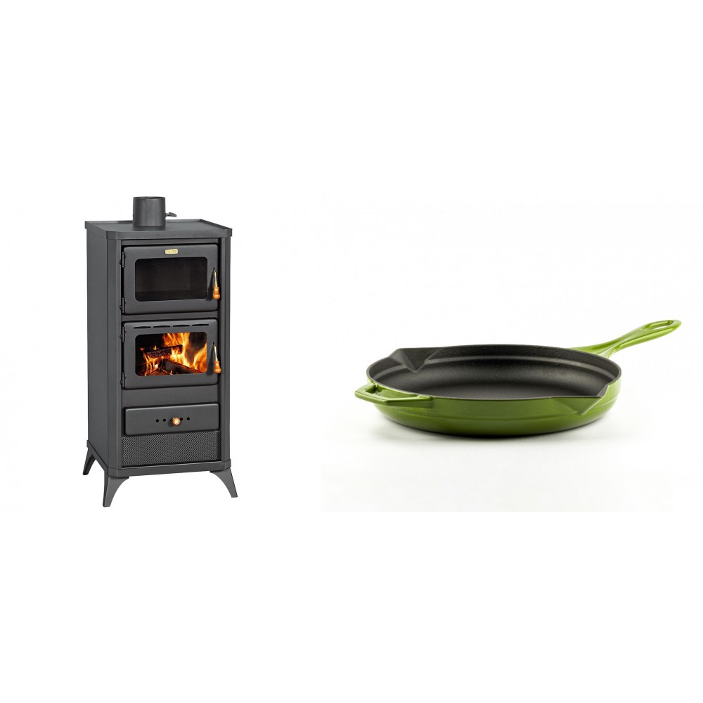 Set Kaminofen, Holzofen mit Backfach Prity, Modell FM E, Leistung 12.1kW, Füße + Emaillierte Gusseisenpfanne Solagio, Bamboo, Ф24cm